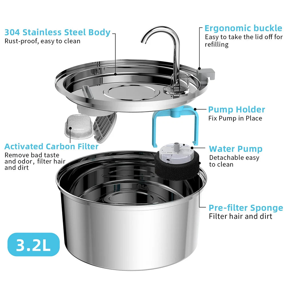 Fontaine à eau automatique en acier inoxydable de 3,2 L pour animaux de compagnie – Distributeur d'eau pour chats et chiens avec filtre
