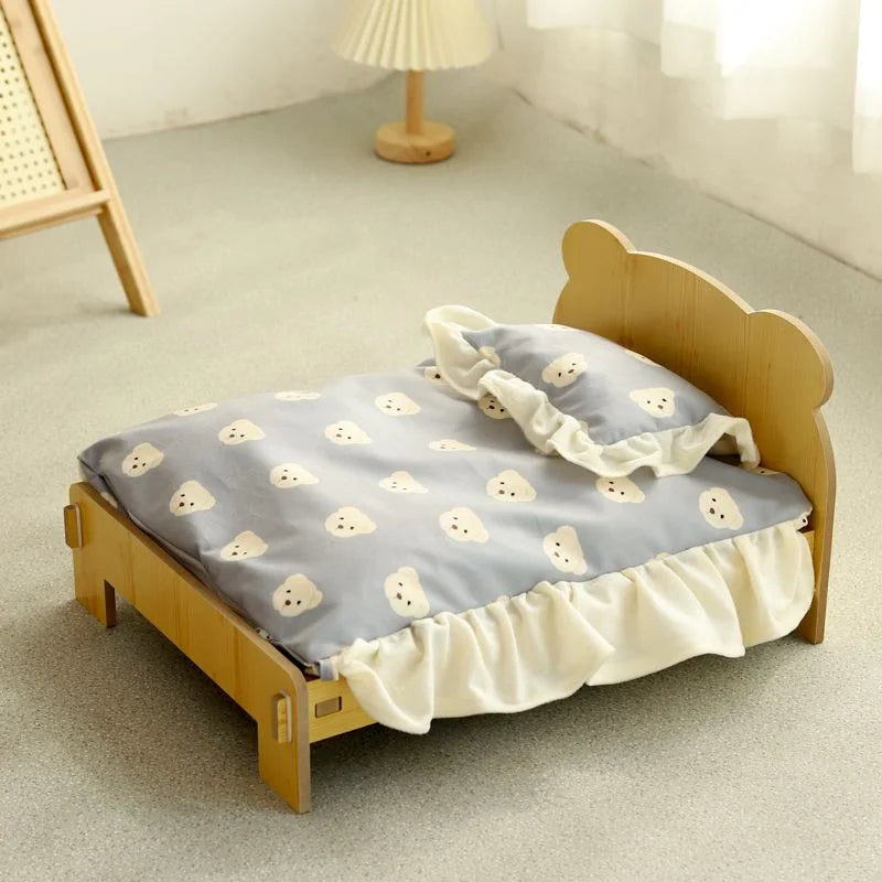 Solid Wood Pet Bed with Removable Washable Mat – All-Season Cat & Dog House