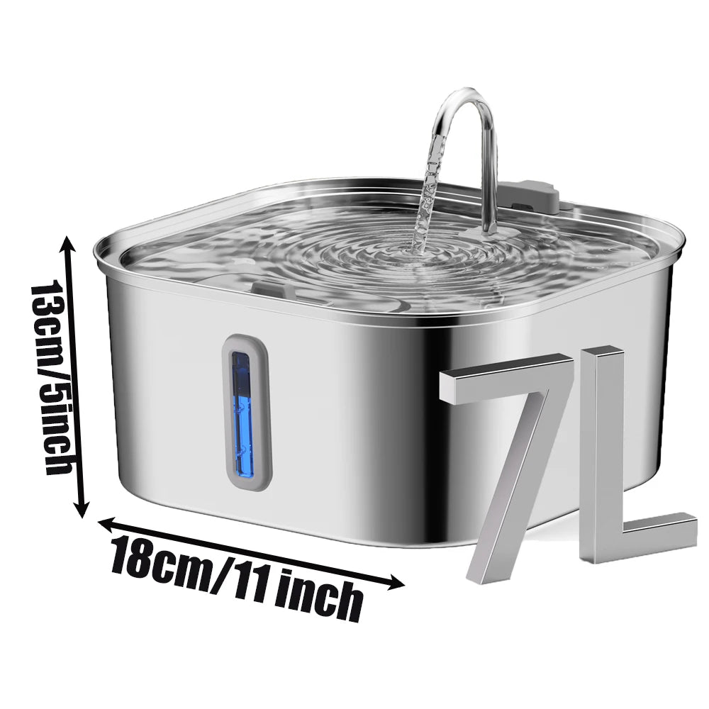 7L Stainless Steel Dog Automatic Water Feeder, With Water Level Window Display Dog Fountain, Large Pet Water Dispenser