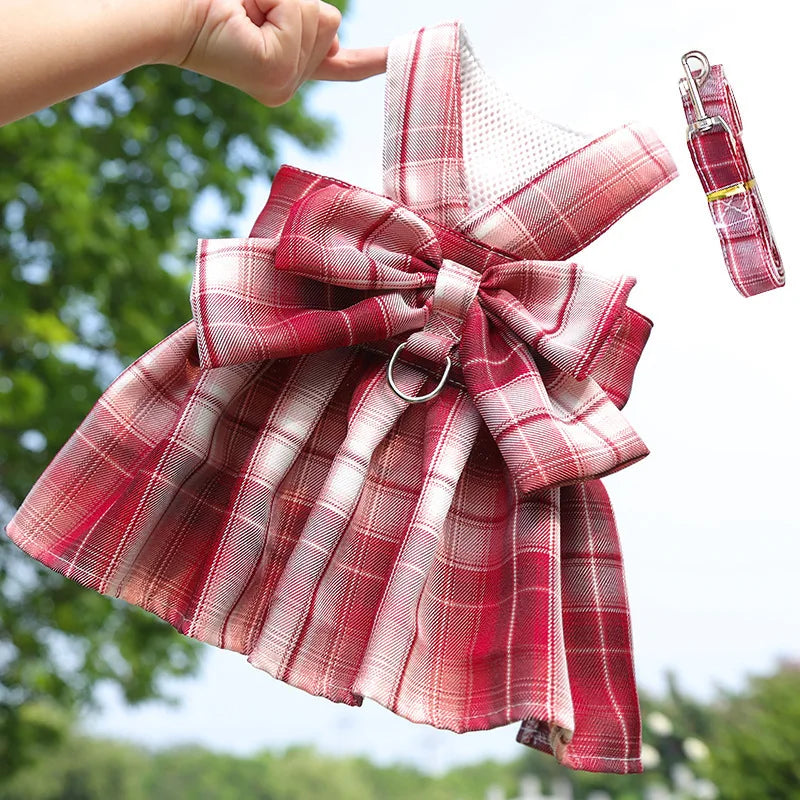 Plaid Bow Dress & Leash Set for Cats and Small Dogs