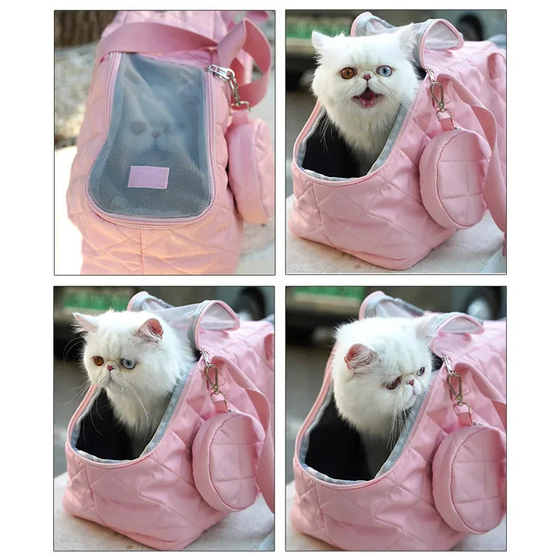 Quilted Portable Breathable Cat Puppy Travel Tote Handbag with Detachable Shoulder Strap Small  Kitten Pet Outdoor Carry Bags