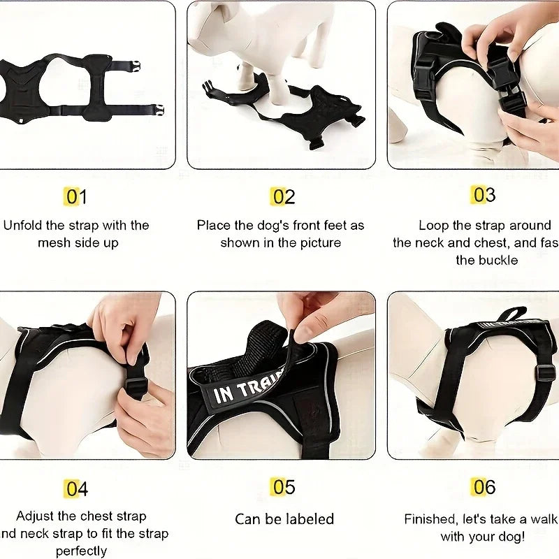 Harnais tactique anti-traction pour chien avec bandes réfléchissantes de nuit