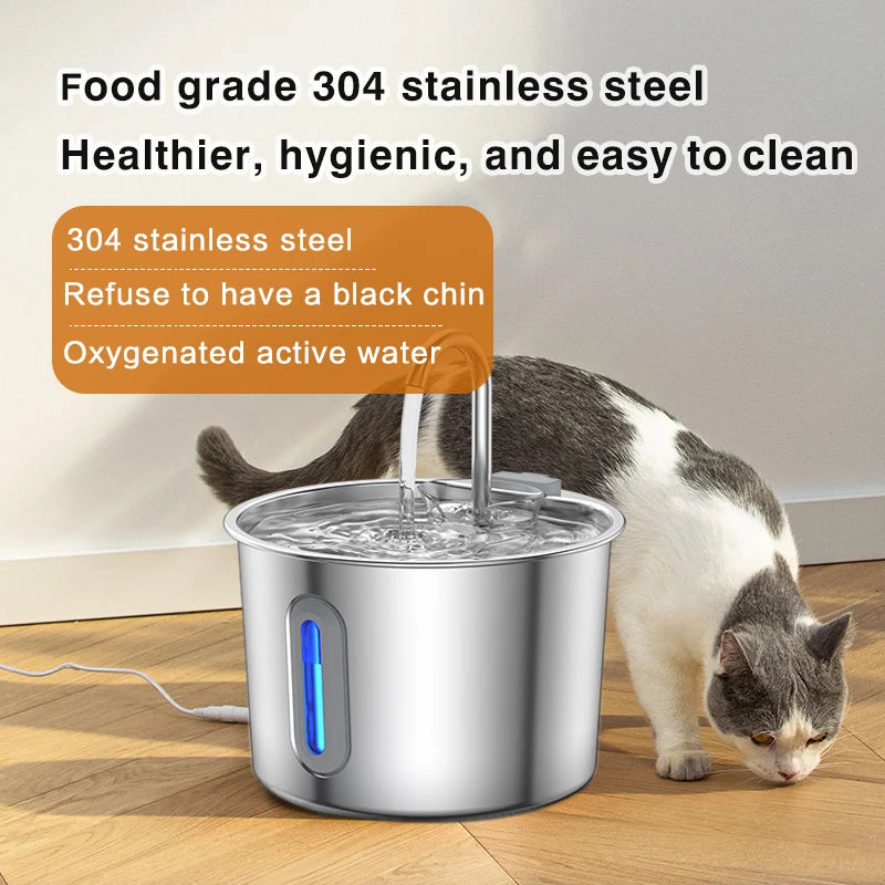 Stainless steel cat water fountain with viewing window cat fountain. Multi-filter automatic pet water dispenser, silent cat wate