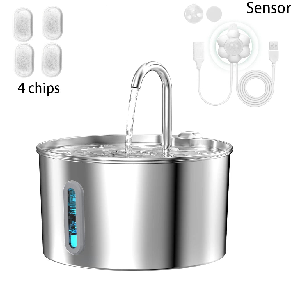 ZYfeeder Fontaine à eau pour animaux de compagnie en acier inoxydable de 2,2 L, fontaine d'eau artésienne pour chats, pompe à eau ultra-silencieuse avec filtre