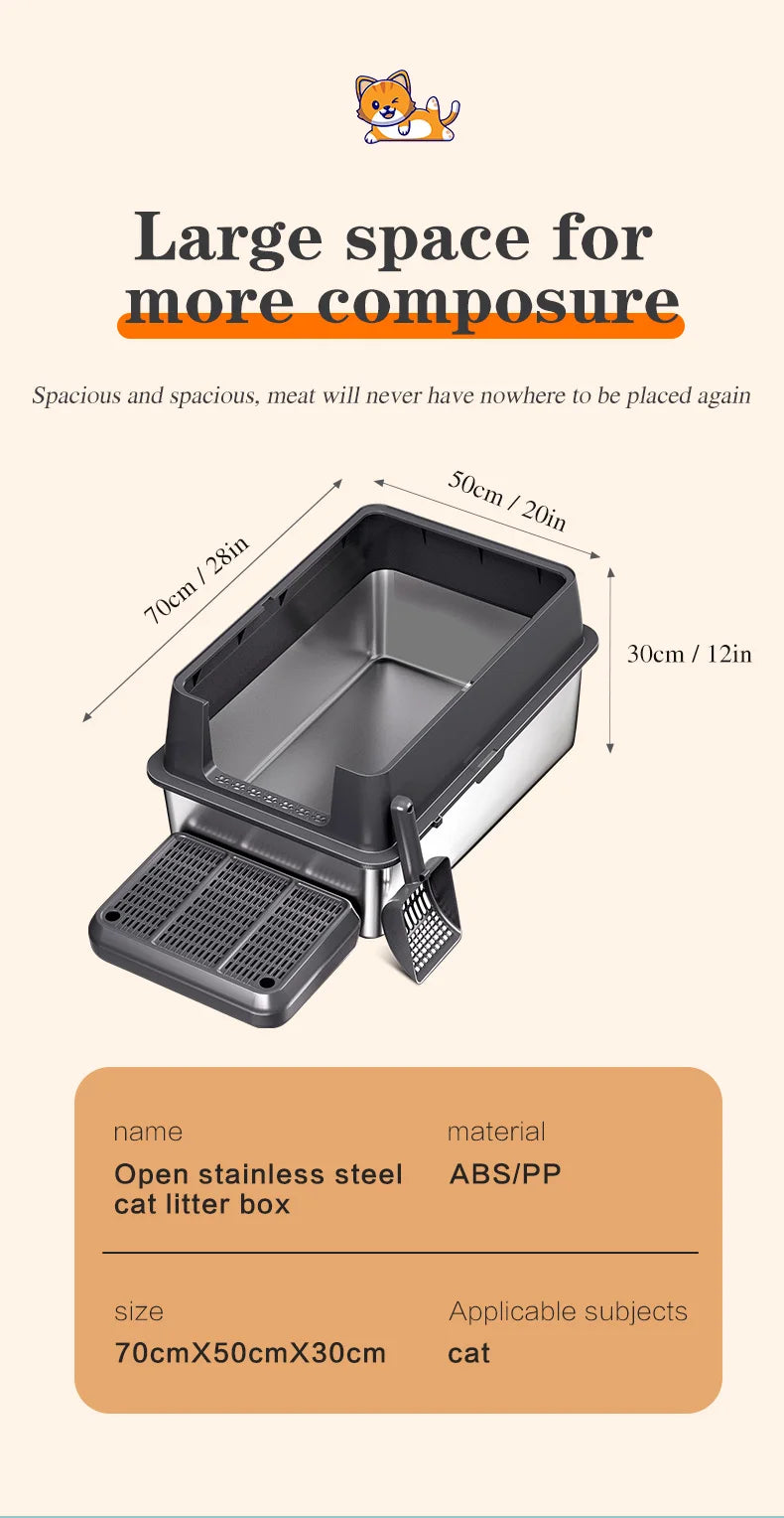 XXXL Stainless Steel Cat Litter Box with Lid — High Sides for Large & Big Cats