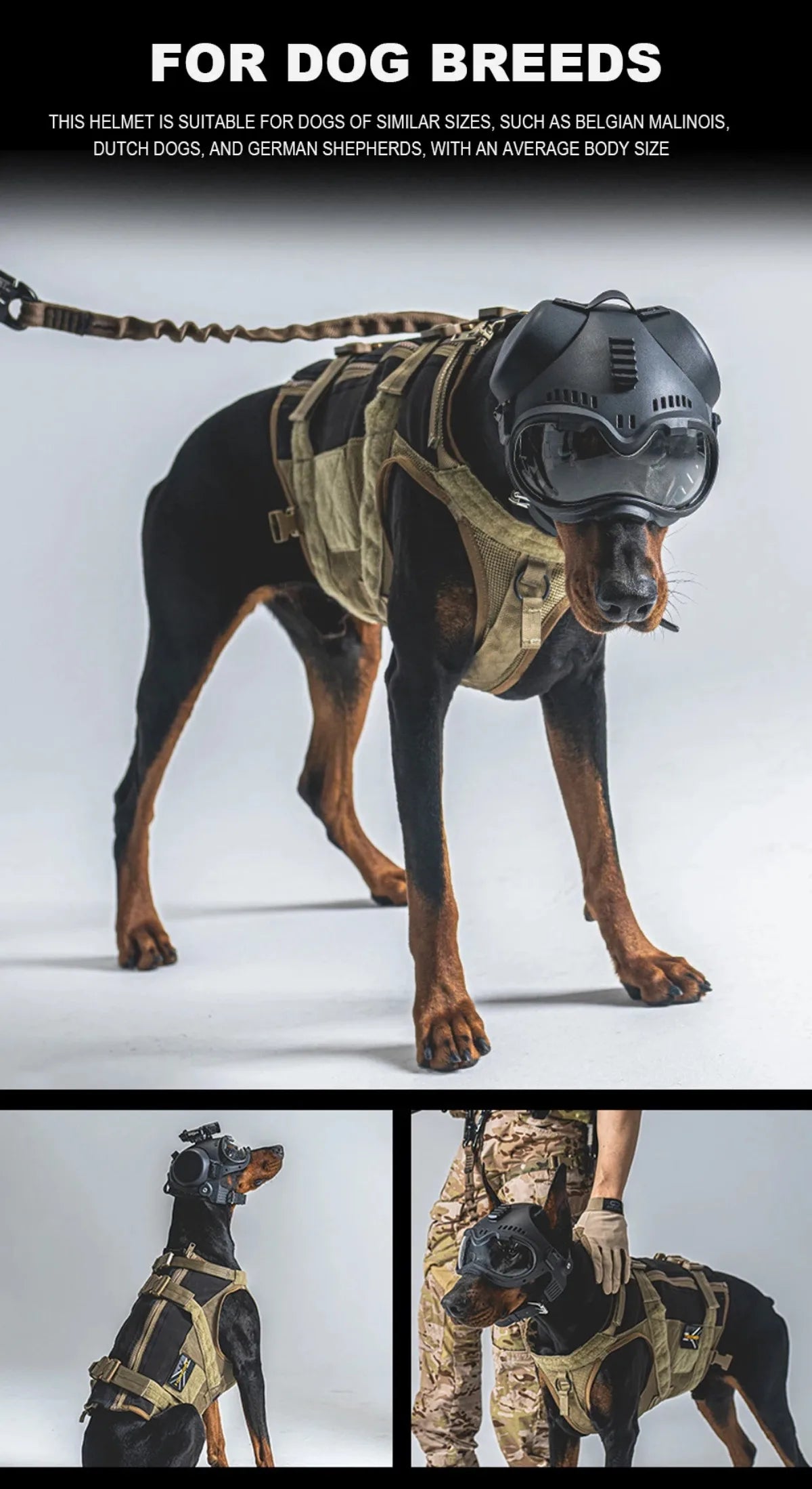 K9 Tactical Dog Helmet with Dual Goggles for Medium & Large Working Dogs