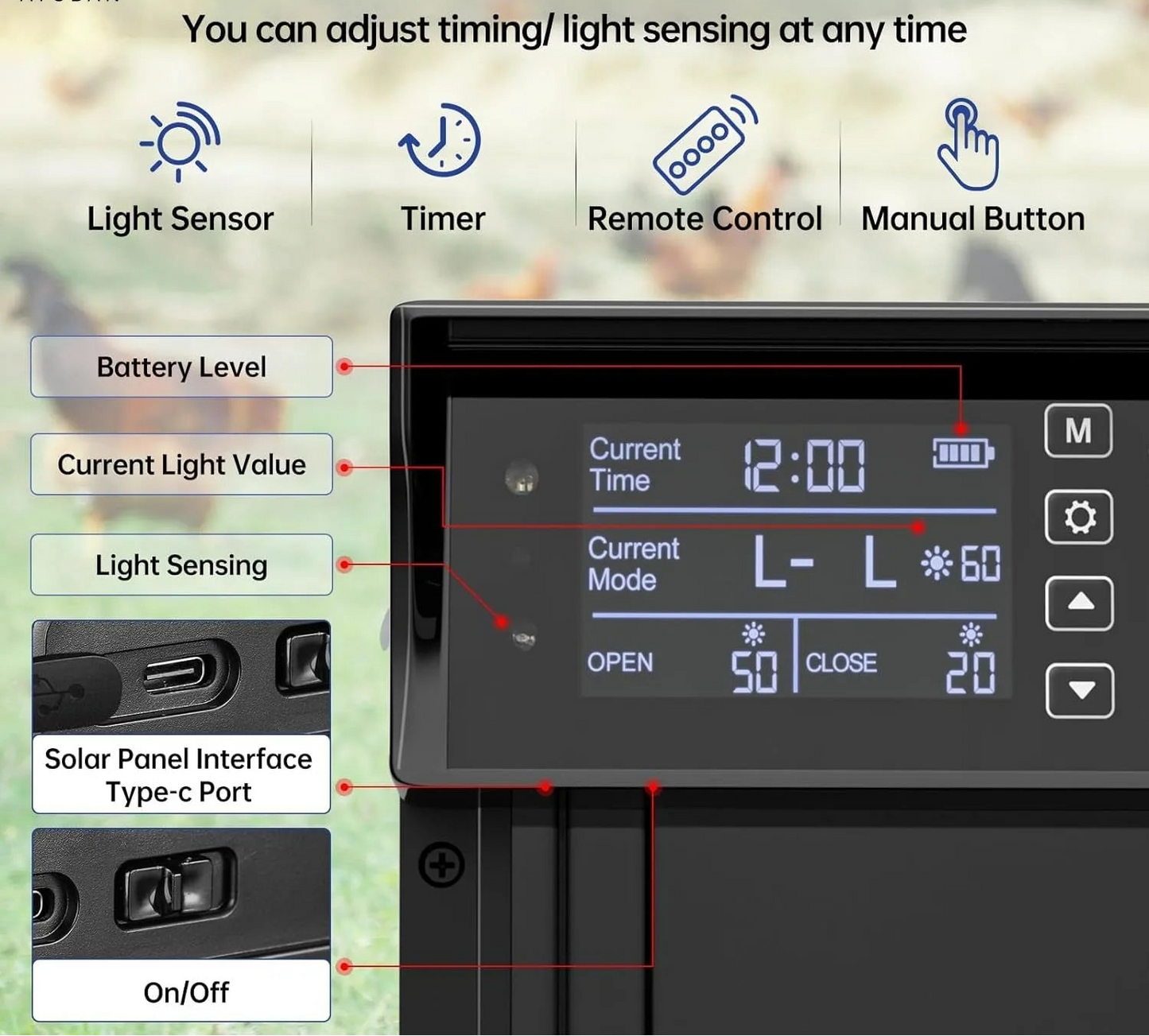 Automatic Chicken Coop Door - Solar Powered with Timer & Light Sensor