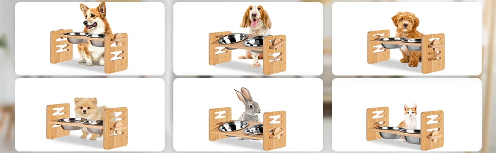 Bamboo Elevated Dog Bowl Stand with 6-Level Adjustable Height — 2 Stainless Steel Bowls