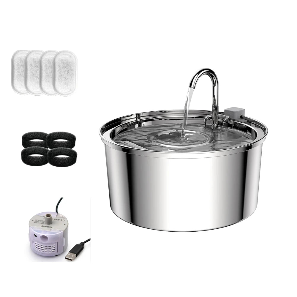 Fontaine à eau automatique en acier inoxydable de 3,2 L pour animaux de compagnie – Distributeur d'eau pour chats et chiens avec filtre