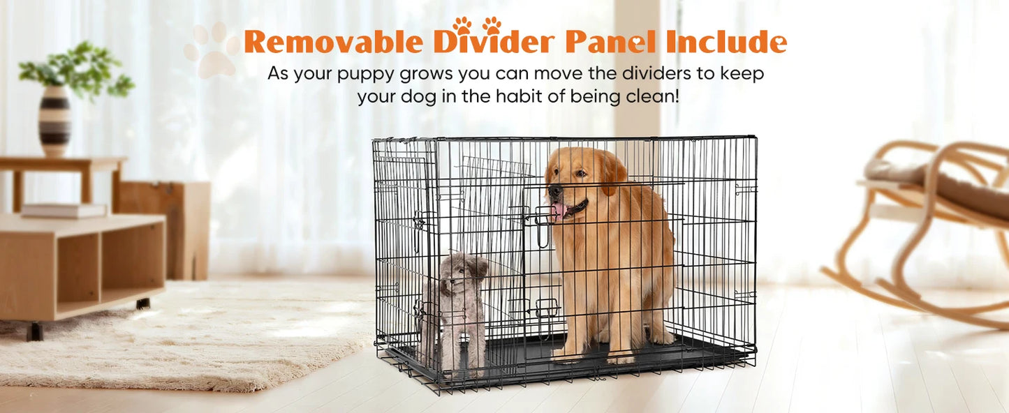 Folding Metal Wire Dog Crate with Leak-Proof Tray | Double Door