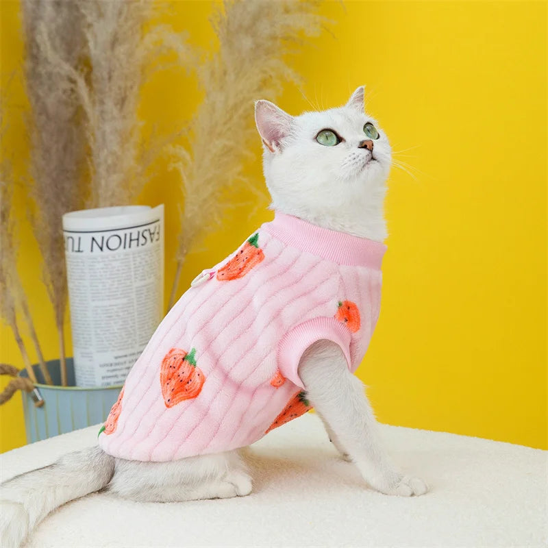 Strawberry Print Plush Pullover Sweater for Cats & Small Dogs