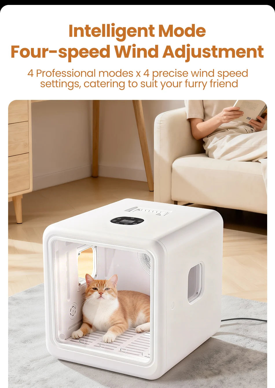 Boîte de séchage intelligente pour animaux de compagnie de 70 L avec séchage à 360° et contrôle automatique de la température