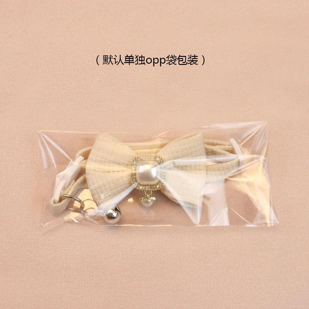 Waffle Bow & Pearl Pendant Cat Collar with Bell
