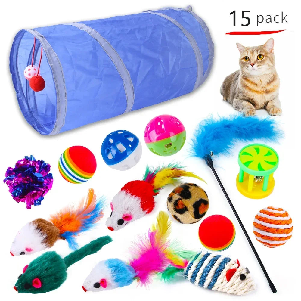 Foldable Cat Play Tunnel with Toys - Interactive Tent for Kittens