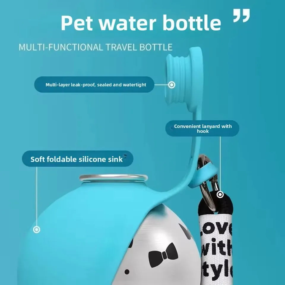 2-in-1 Stainless Steel Dog Water Bottle with Removable Silicone Bowl — 285ml