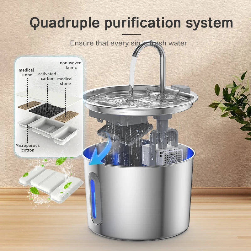 Stainless steel cat water fountain with viewing window cat fountain. Multi-filter automatic pet water dispenser, silent cat wate