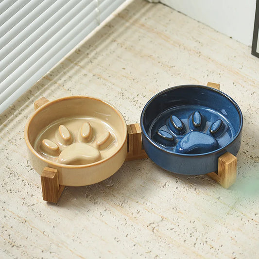 Ceramic Dog Bowl with Slow Feeder & Water Options
