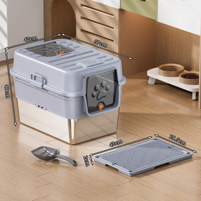 Stainless Steel Top Entry Self-Cleaning Cat Litter Box — Extra Large, Splash-Proof & Portable