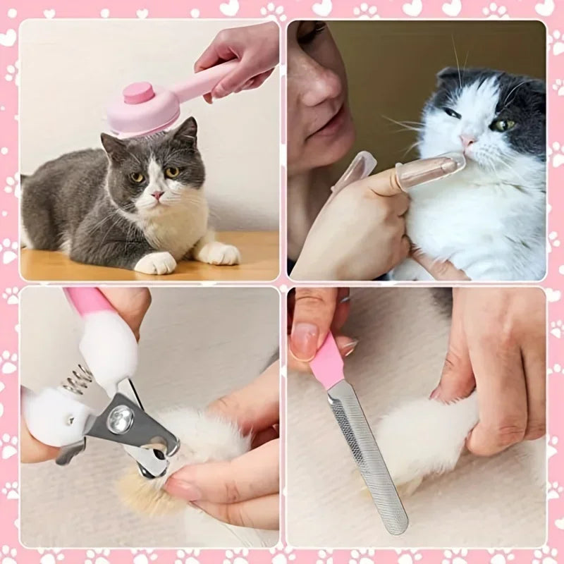 8-Piece Pet Grooming Kit — Self-Cleaning Brush, Nail Clippers, Flea Comb & Bath Brush for Cats & Dogs