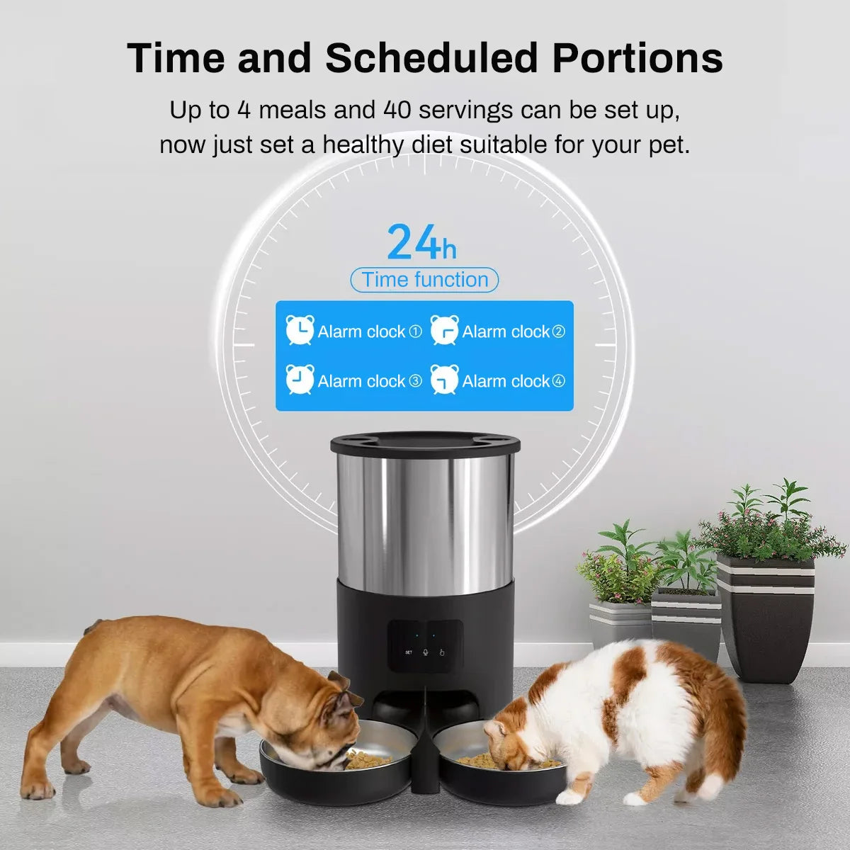 Distributeur automatique de nourriture intelligent pour animaux de compagnie 4L – Double gamelle en acier inoxydable avec contrôle via application et WiFi