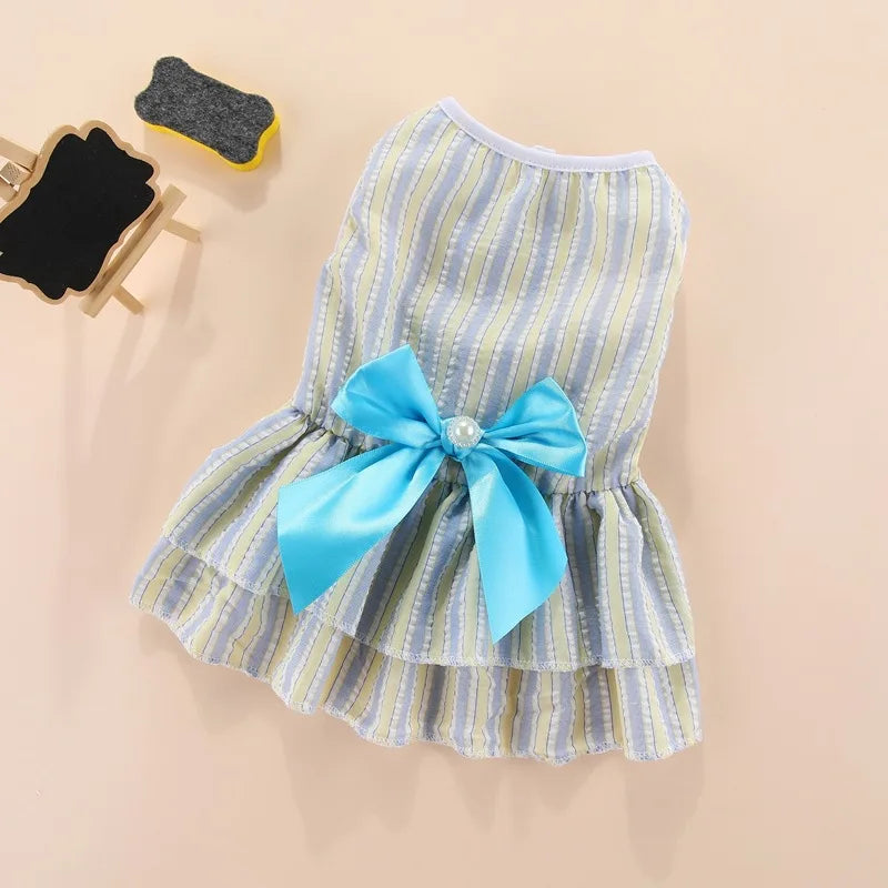 Robe de princesse pour animaux de compagnie - Robe d'été à rayures et carreaux avec nœud pour chats et petits chiens