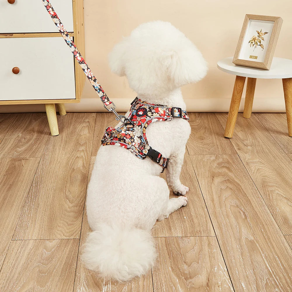 Floral Print Dog Harness & Lead Set with Reflective Strips