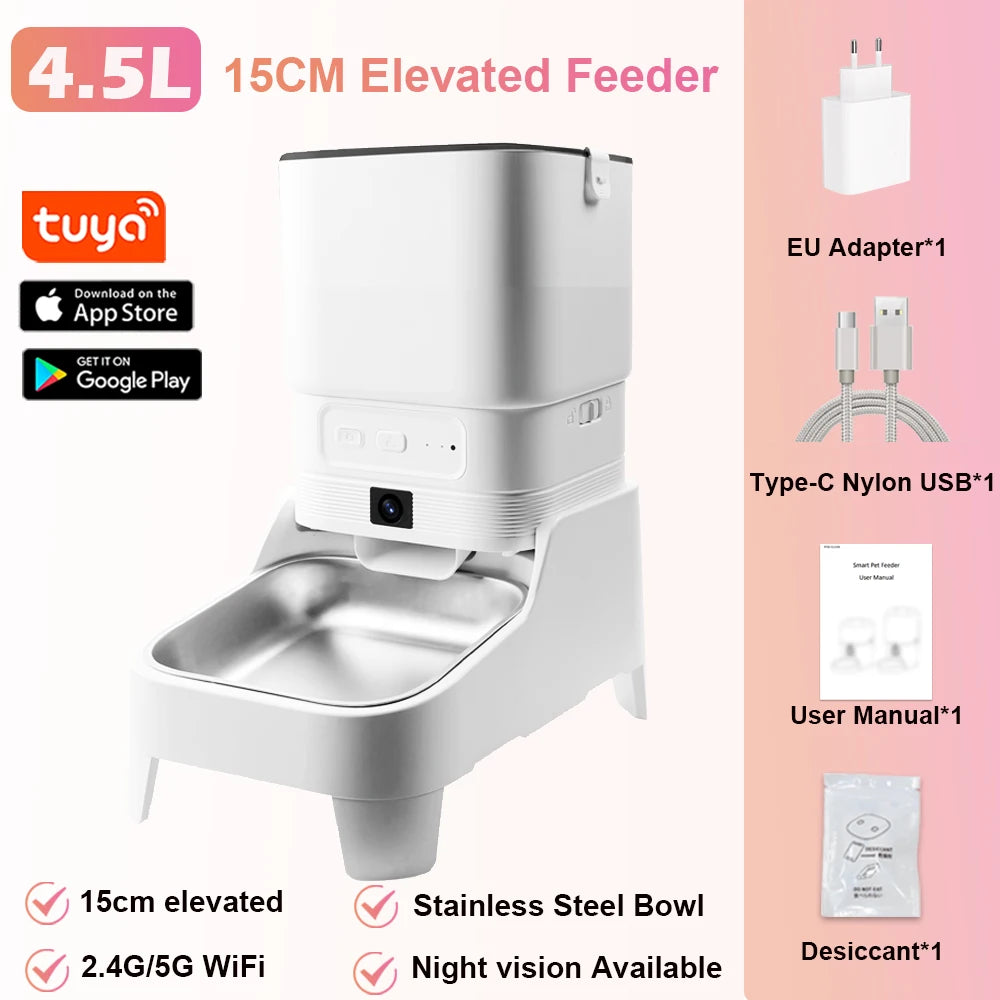 4.5L Elevated Smart Pet Feeder — 15cm Raised Stand, 1080P Camera or Key Control for Cats & Dogs