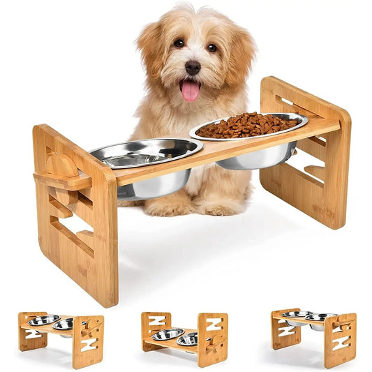 Bamboo Elevated Dog Bowl Stand with 6-Level Adjustable Height — 2 Stainless Steel Bowls