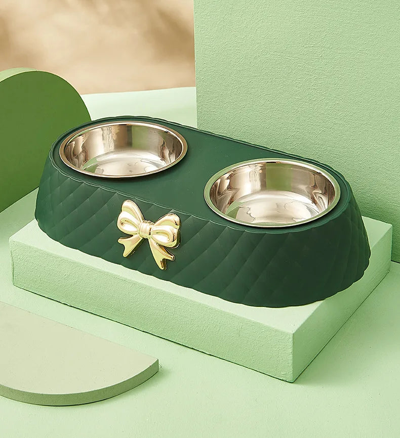 Bow-Tie Double Pet Bowl – Stainless Steel Inserts with PP Stand, for Cats & Dogs