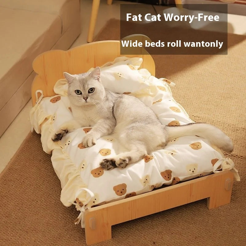 Solid Wood Pet Bed with Removable Washable Mat – All-Season Cat & Dog House