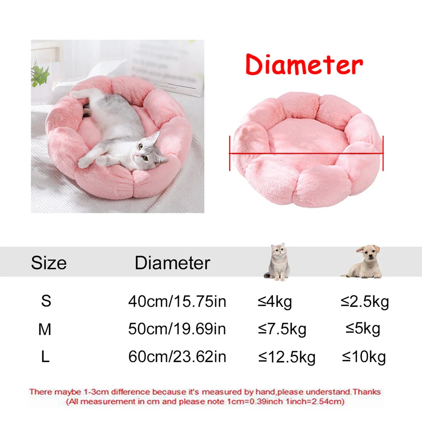 Round Plush Pet Bed — Washable Warm Basket for Dogs & Cats, 6 Sizes