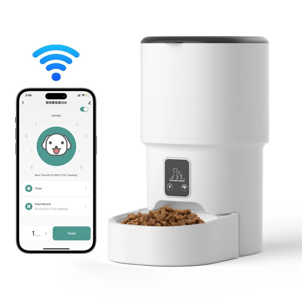 Distributeur intelligent pour chats Tuya WiFi grande capacité 4L, permet de programmer des repas chronométrés et quantitatifs, convient aux gamelles pour chats et chiens