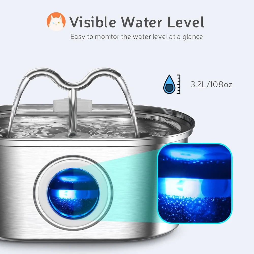 3.2L Stainless Steel USB Pet Water Fountain — Quiet Filter Pump for Cats & Dogs