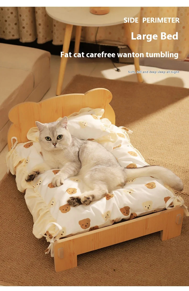 Solid Wood Pet Bed with Removable Washable Mat – All-Season Cat & Dog House