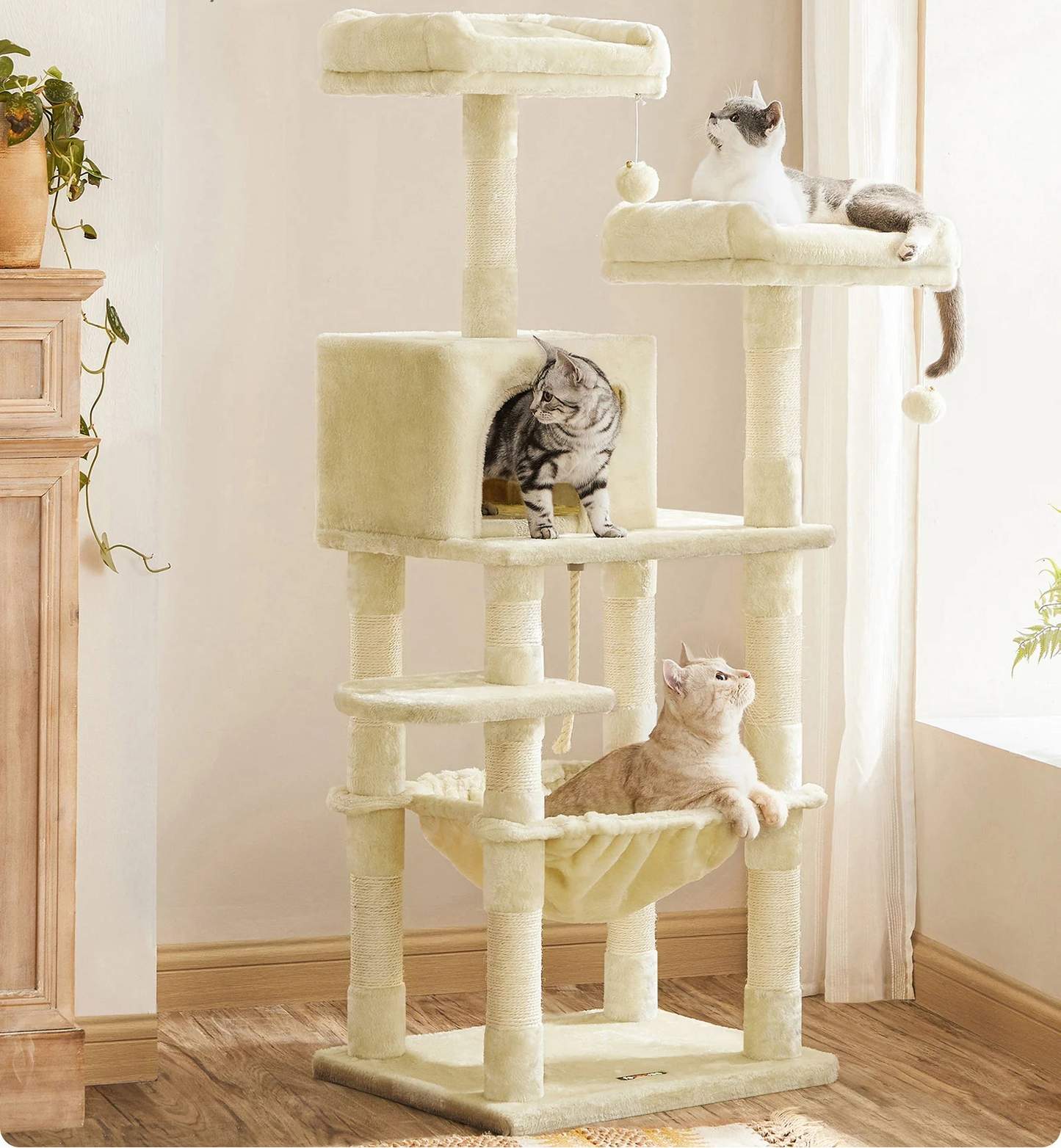 Multi-Level Cat Tree 143cm - Stable Tower with 2 Plush Perches