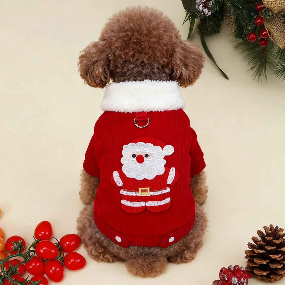 Christmas Pet Jacket with Fur Collar & Traction Ring