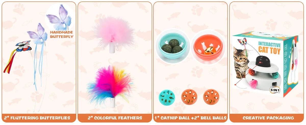 Quiet Electric Rolling Ball Cat Toy with LED Light & Feather