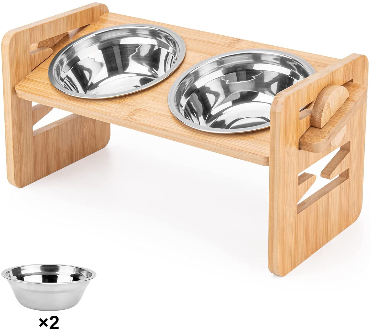 Bamboo Elevated Dog Bowl Stand with 6-Level Adjustable Height — 2 Stainless Steel Bowls
