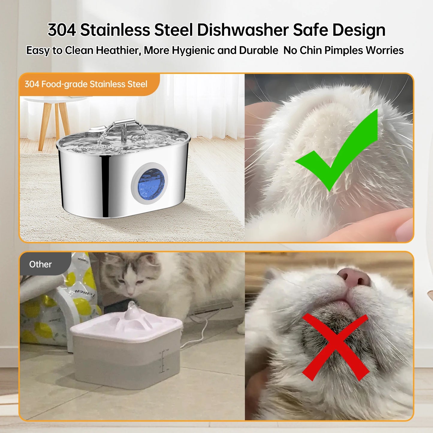 Fontaine à eau pour animaux de compagnie en acier inoxydable de 2,2 L – Double sortie avec fenêtre de niveau d'eau