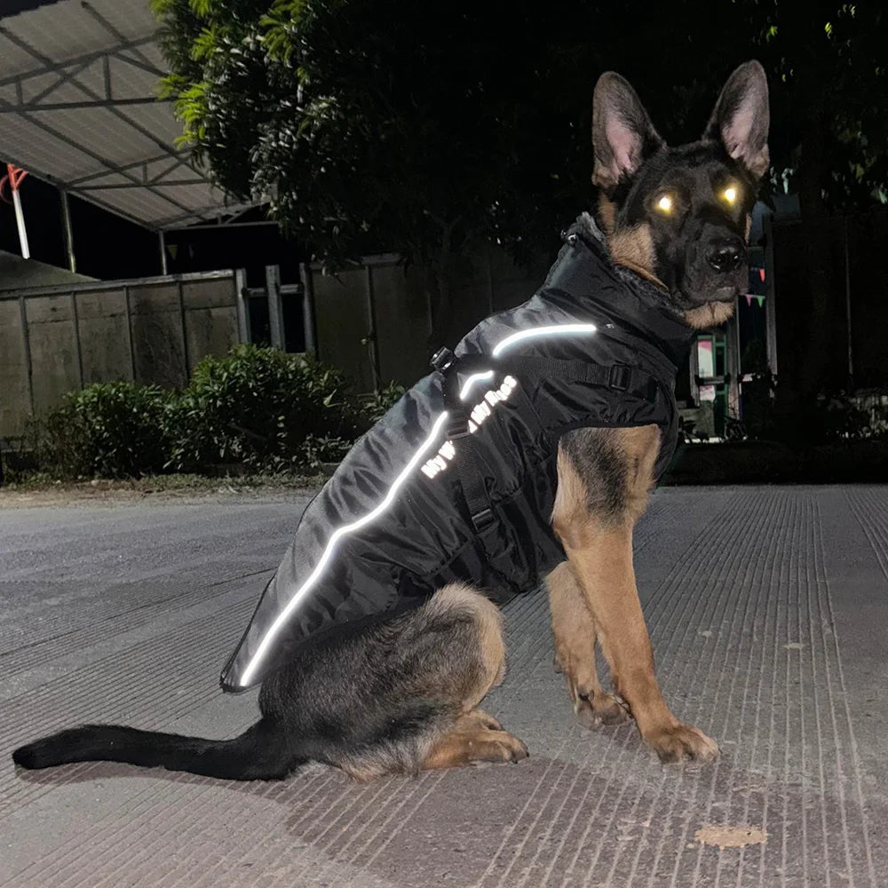 Reflective Waterproof Winter Dog Coat with Fur Collar & Harness