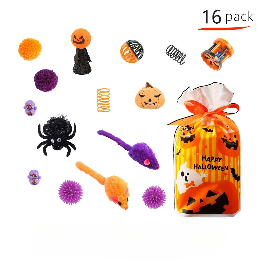 Halloween Cat Toys Set with Bats, Spiders and Pumpkins
