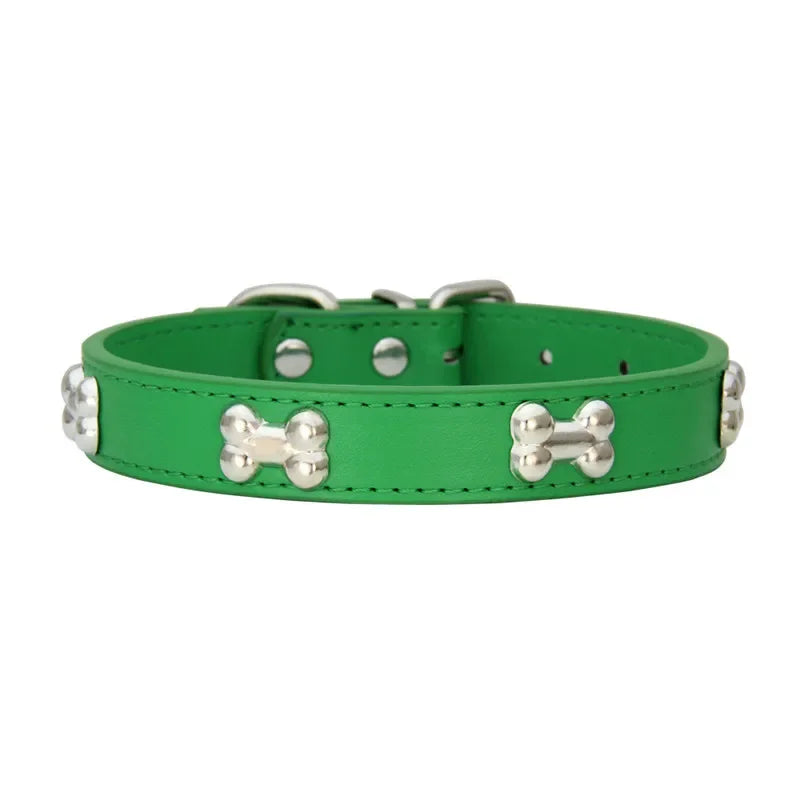 Durable Leather Dog Collar with Bone Design for Small to Large Dogs