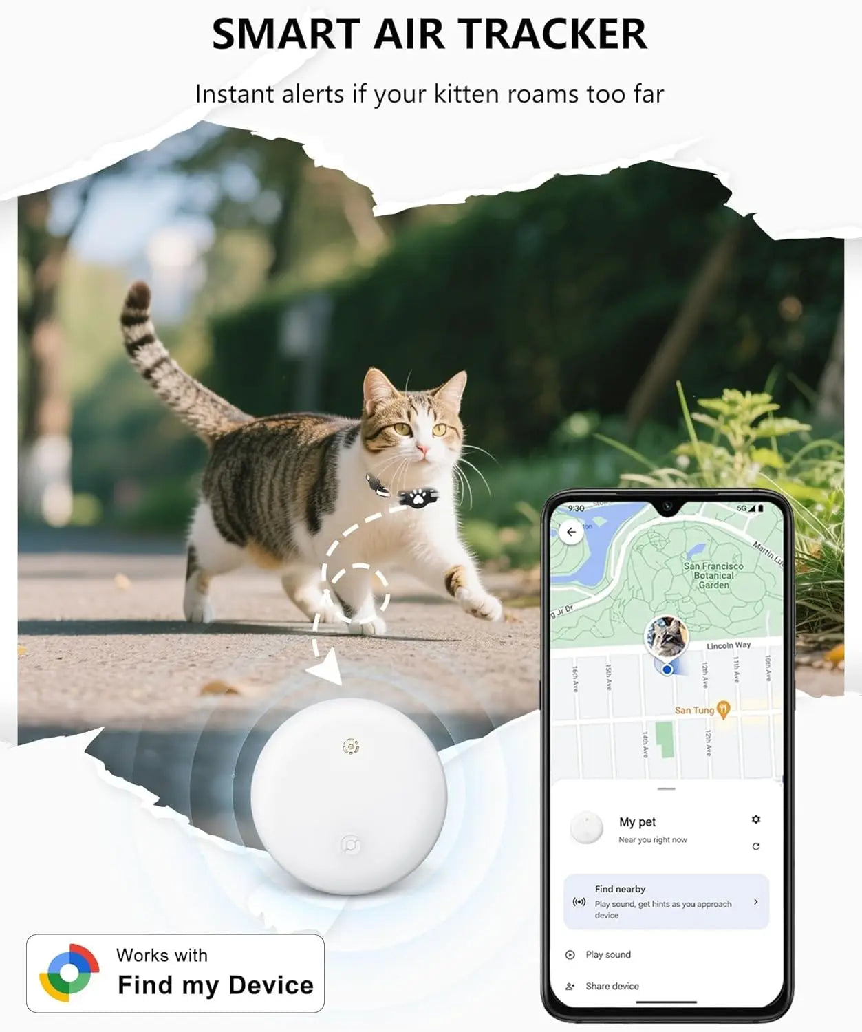 Google Find My Pet Collar Tracker for Android — IP68 Waterproof, No Subscription