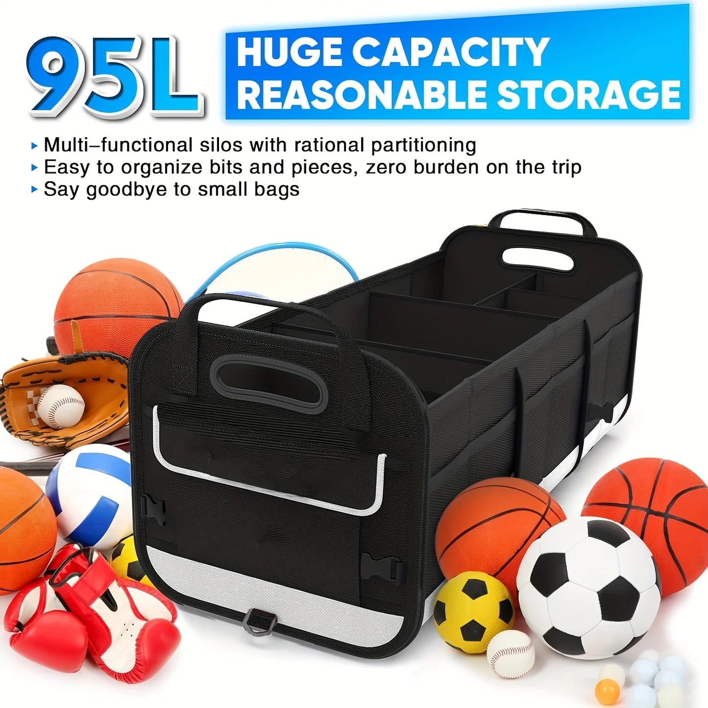 Large Car Boot Organiser with 5 Compartments — 95L Pet Travel Storage