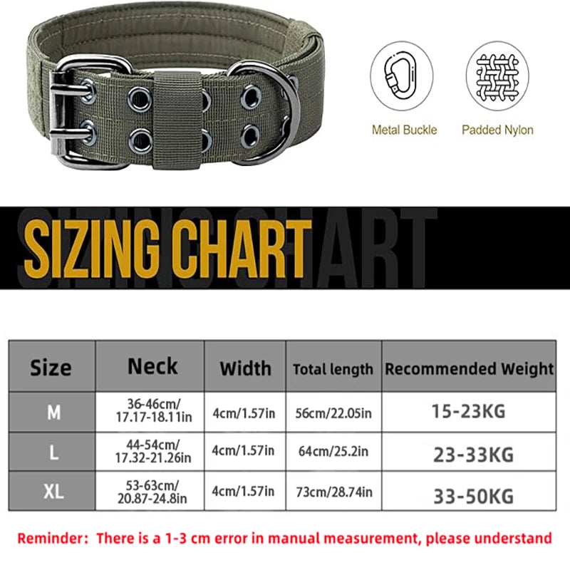Military Dog Collar with Metal D-Ring & Buckle — Adjustable Working Collar for Medium & Large Dogs