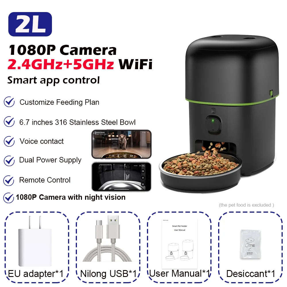Smart Pet Feeder with 1080P Camera, Night Vision & Two-Way Audio — 2.4G/5G Wi-Fi, Tuya App