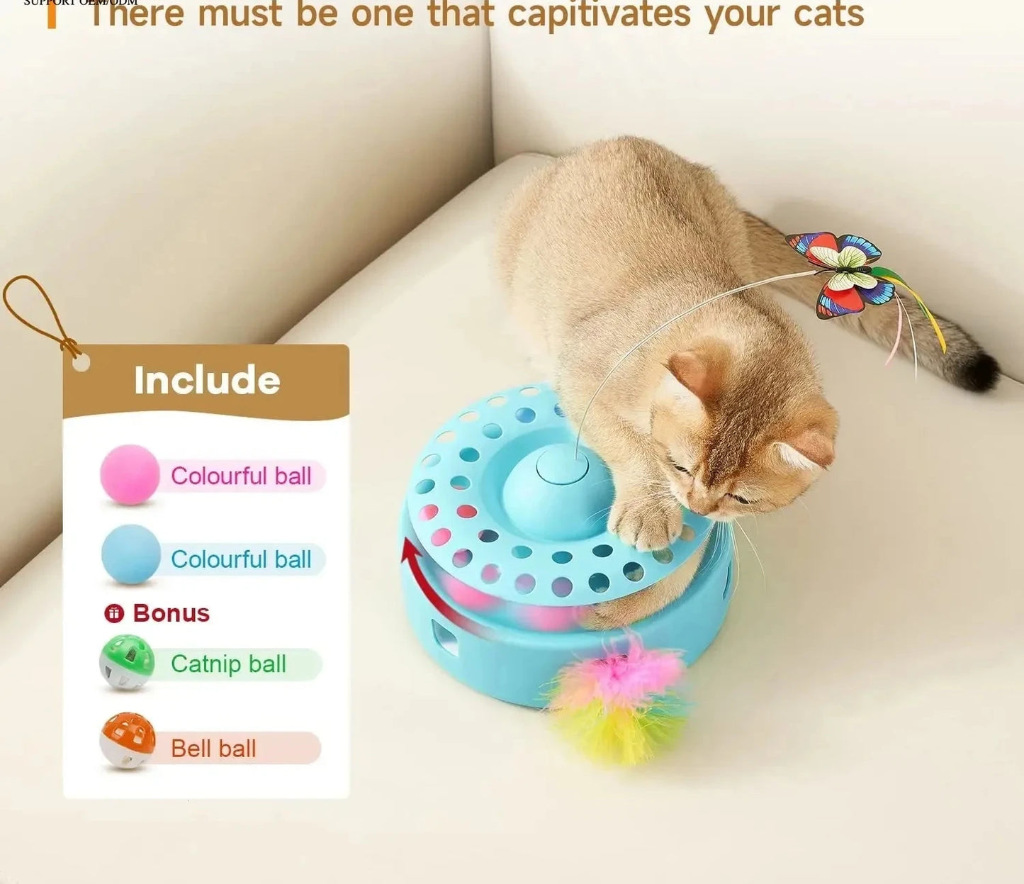 3-in-1 Interactive Cat Toy with Fluttering Butterfly, Feather & Track Balls