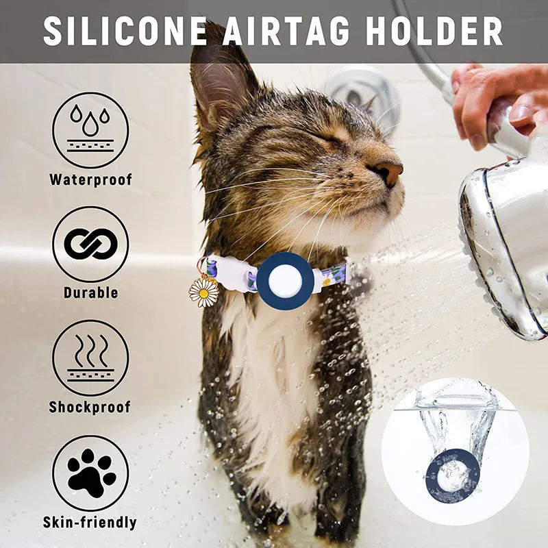 Collier de chat sécurisé avec support AirTag marguerite et grelot
