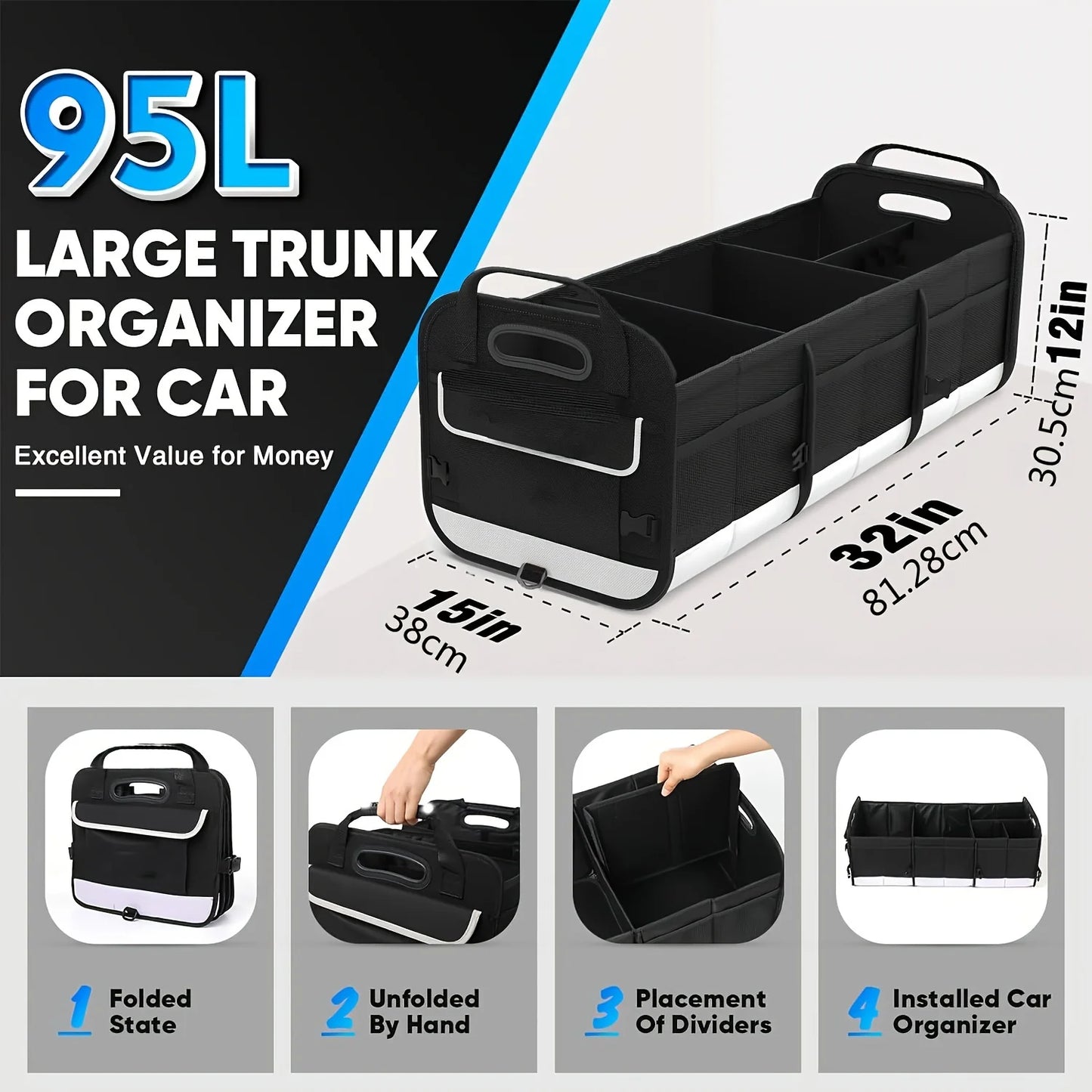 Large Car Boot Organiser with 5 Compartments — 95L Pet Travel Storage