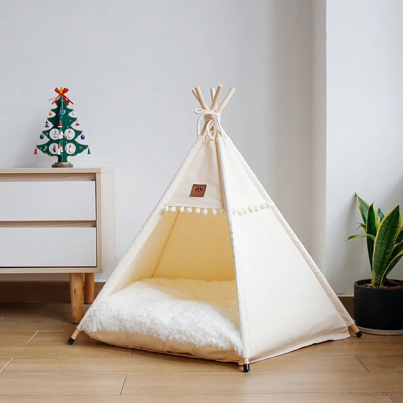 Indoor Pet Teepee Tent Bed with Thick Cushion – Canvas, Washable